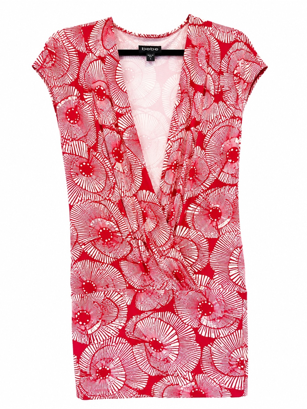 Y2K Bebe Made in USA Red White Floral Faux Wrap Bodycon Mini Dress S - Picture 2 of 4